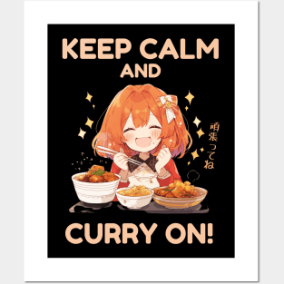 Cute Anime Girl Shirt Keep Calm and Curry On Tee Funny Asian Food Pun T-Shirt Gift for Foodie Curry Lover Asian Cuisine Fun Tee Kawaii Style Posters and Art